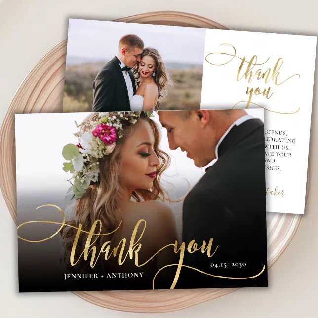 Elegant Gold Script 2 Photo Wedding Thank You Card | Zazzle