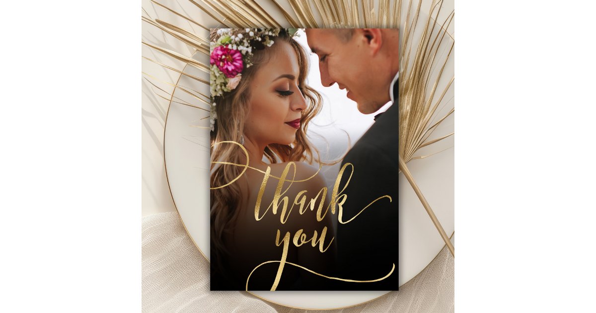 Elegant Gold Script 2 Photo Wedding Thank You Card | Zazzle