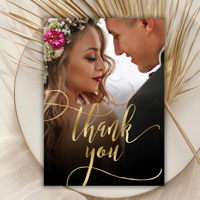 Elegant Gold Script 2 Photo Wedding Thank You Card | Zazzle