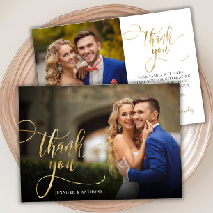 Elegant Gold Script 2 Photo Wedding Thank You Card