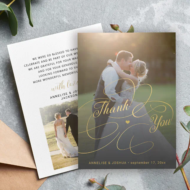 Elegant gold script 2 photos wedding thank you card | Zazzle