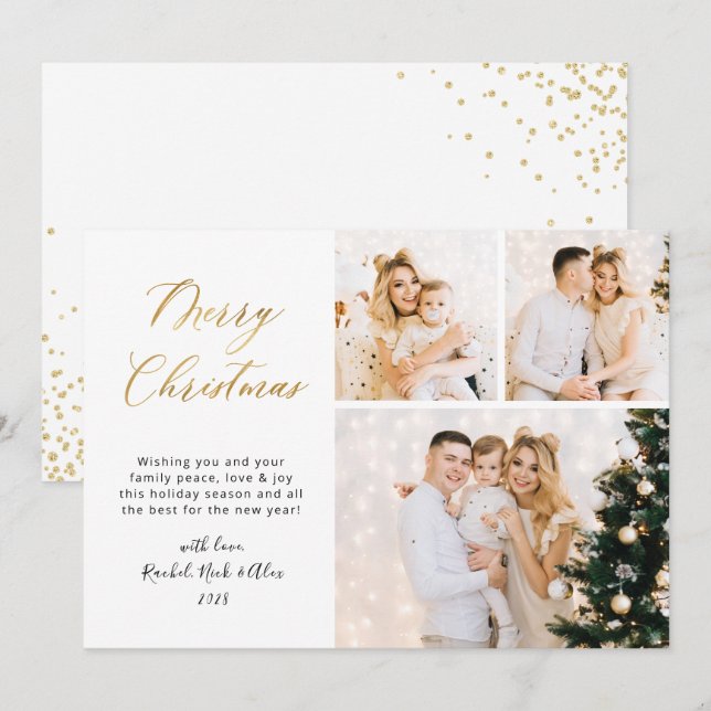 Elegant Gold Script 3 Multi Photo Christmas Holiday Card (Front/Back)