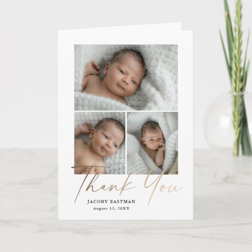 Elegant Gold Script 3 Photo Baby Thank You Card