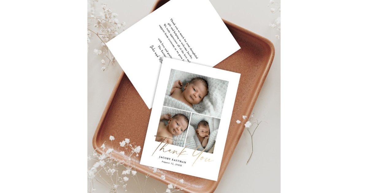 Elegant Gold Script 3 Photo Baby Thank You Card | Zazzle
