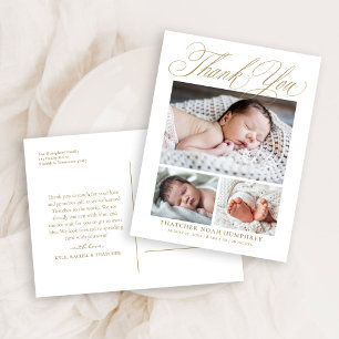 Elegant Gold Script 3 Photo Baby Thank You  Postcard
