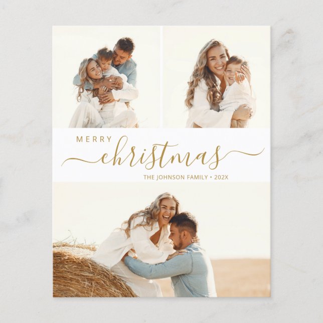 Elegant Gold Script 3 Photo Christmas Holiday Card (Front)