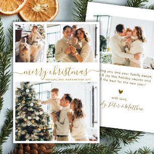 Elegant Gold Script 3 Photo Collage Christmas Holiday Card