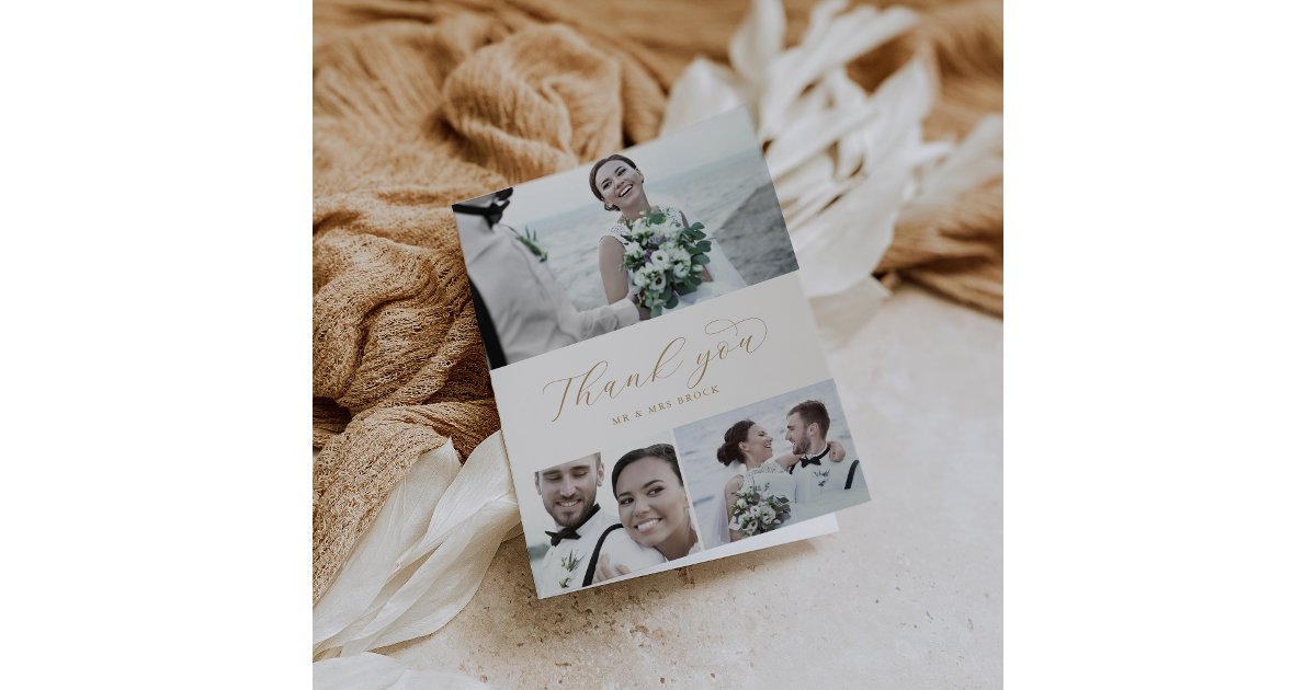 Elegant Gold Script 3 Photo Collage Folded Wedding Thank You Card | Zazzle