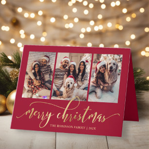 Elegant Gold Script 3 Photo Collage Red Christmas Holiday Card
