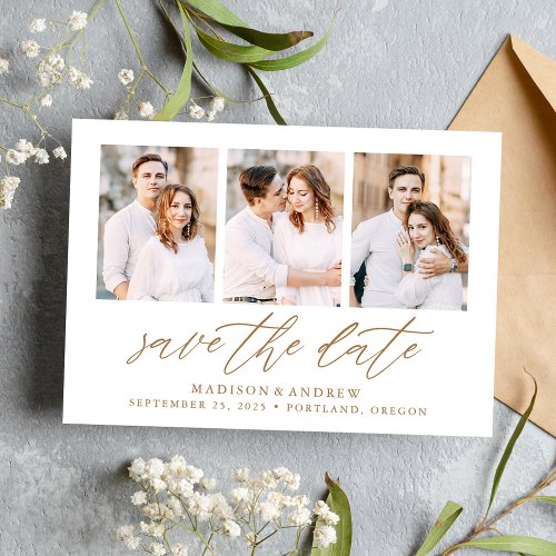 Elegant Gold Script 3 Photo Collage Save The Date