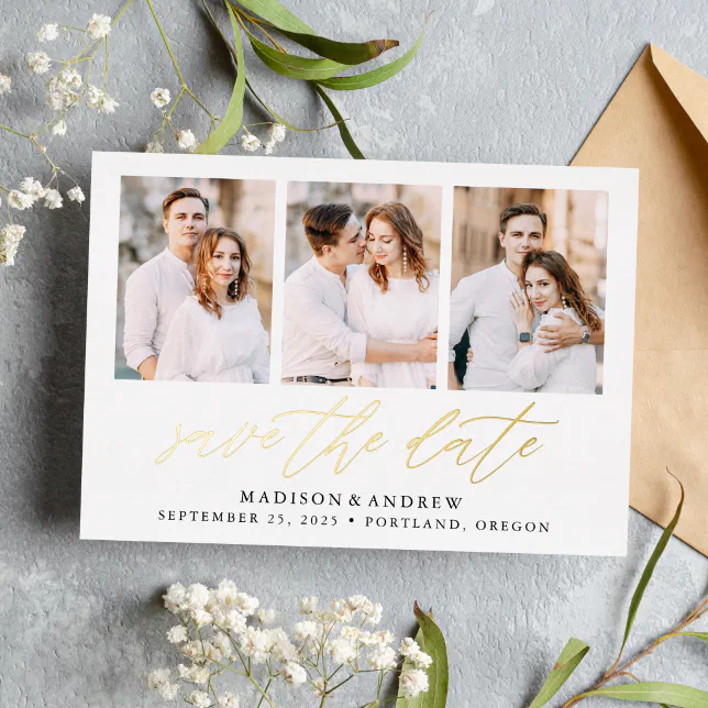 Elegant Gold Script Photo Collage Save The Date Foil Invitation Zazzle