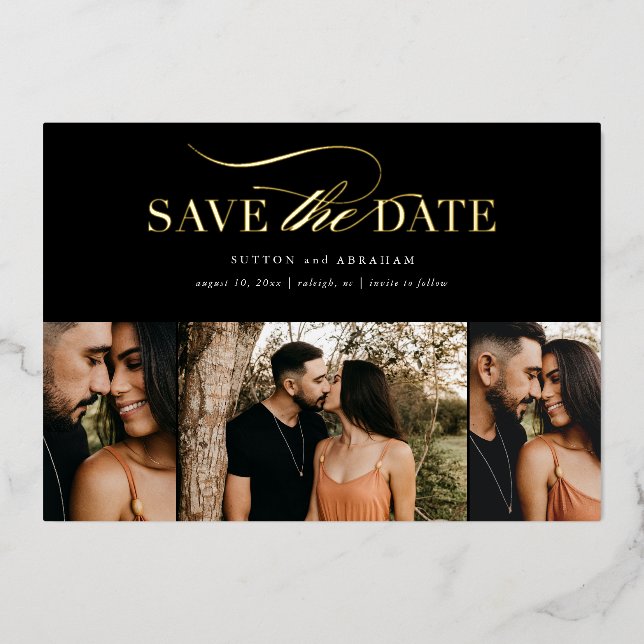 Elegant Gold Script 3 Photo Collage Save the Date Foil Invitation (Front)