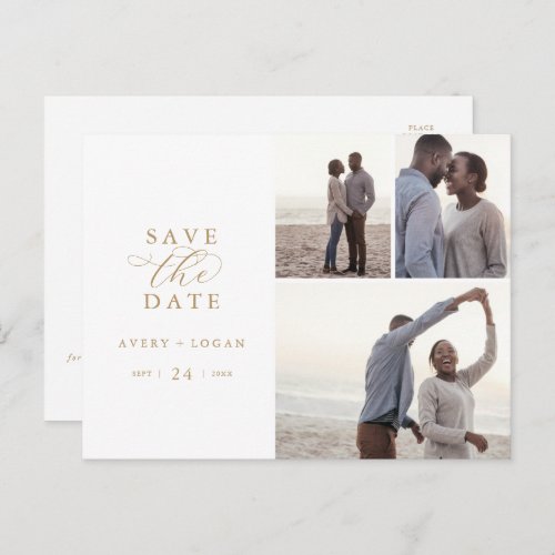 Elegant Gold Script 3 Photo Collage Save the Date Invitation Postcard