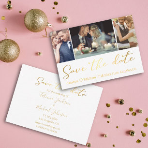 Elegant Gold Script 3 Photo Collage Save The Date Note Card