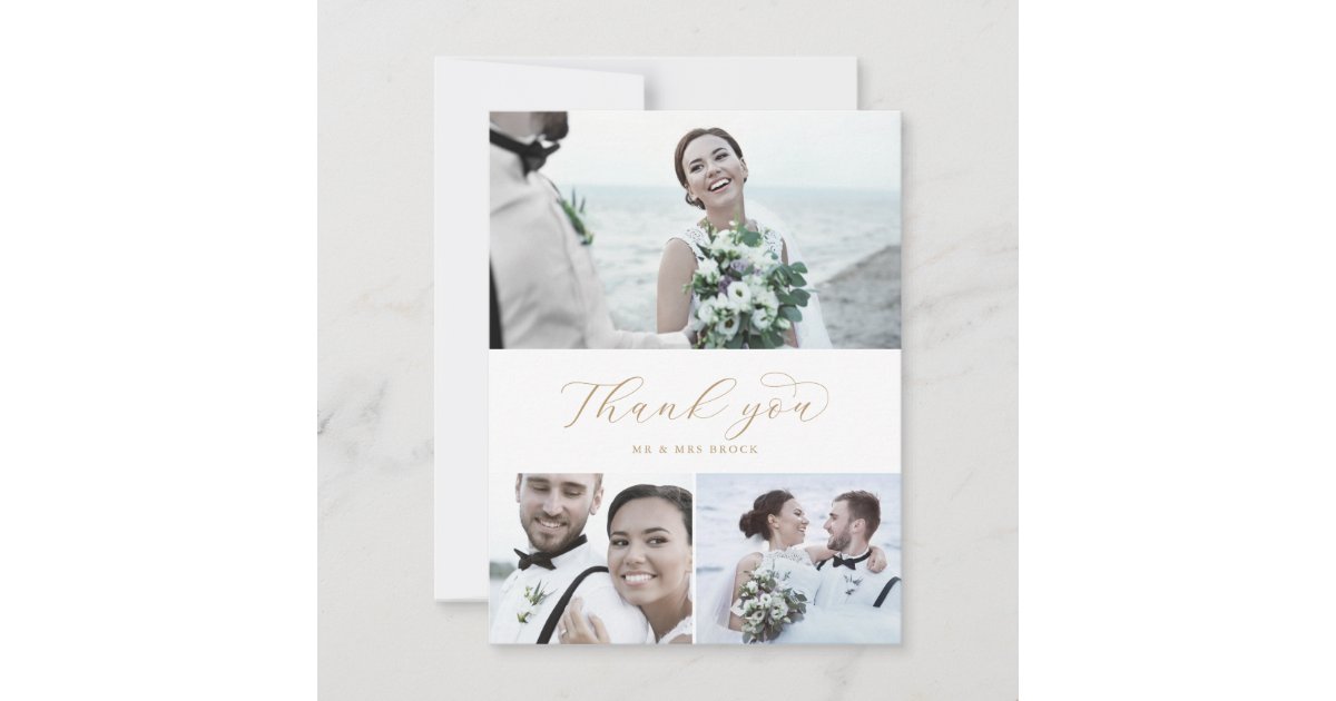 Elegant Gold Script 3 Photo Collage Wedding Thank You Card | Zazzle