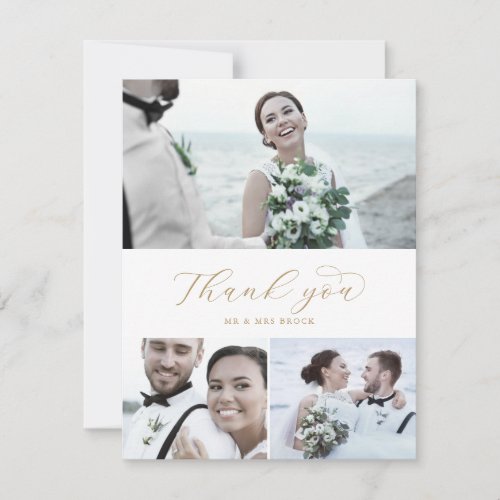 Elegant Gold Script 3 Photo Collage Wedding Thank You Card
