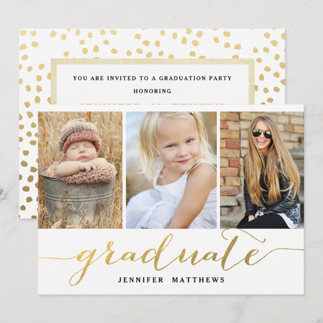 Elegant Gold Script 3 Photo Graduation Party Invitation (Front/Back)