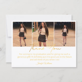 elegant gold script 3 photo graduation  thank you note card