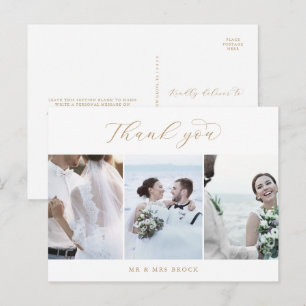 Elegant Gold Script 3 Photo Template Thank You Postcard