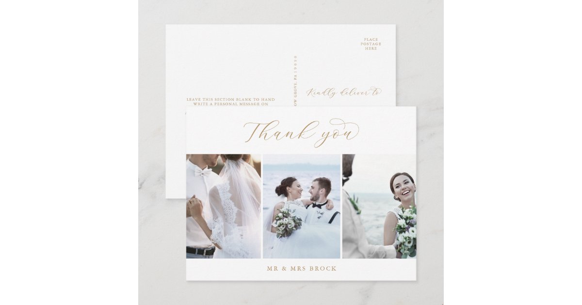 Elegant Gold Script 3 Photo Template Thank You Postcard | Zazzle