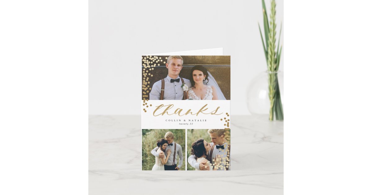 Elegant Gold Script 3 Photo Wedding Thank You Card | Zazzle