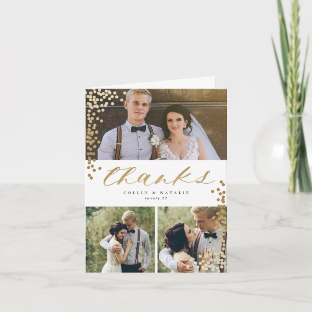 Elegant Gold Script 3 Photo Wedding Thank You Card (Front)