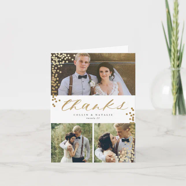 Elegant Gold Script 3 Photo Wedding Thank You Card | Zazzle