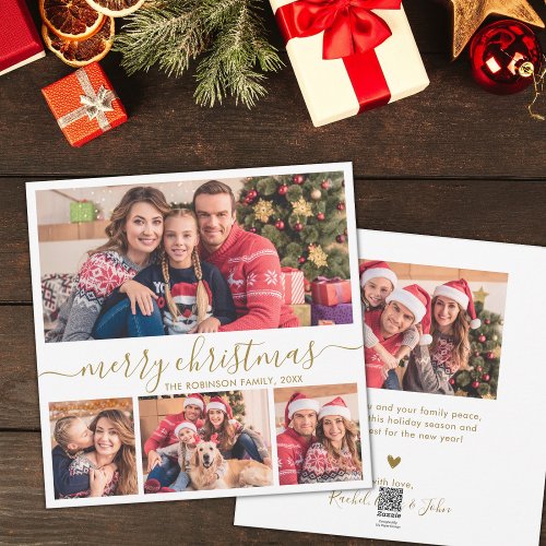 Elegant Gold Script 4 Photo Collage Christmas Holiday Card