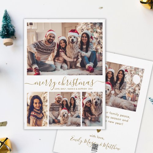 Elegant Gold Script 4 Photo Collage Christmas  Holiday Card