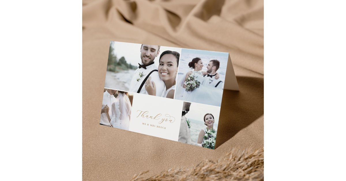 Elegant Gold Script 4 Photo Collage Folded Wedding Thank You Card | Zazzle