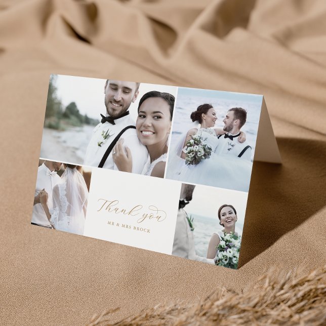 Elegant Gold Script 4 Photo Collage Folded Wedding Thank You Card (Creator Uploaded)