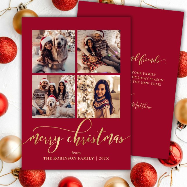 Elegant Gold Script 4 Photo Collage Red Christmas  Holiday Card (Creator Uploaded)