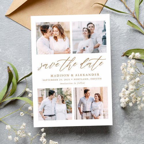 Elegant Gold Script 4 Photo Collage Save The Date