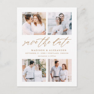 Elegant Gold Script 4 Photo Collage Save The Date Announcement Postcard