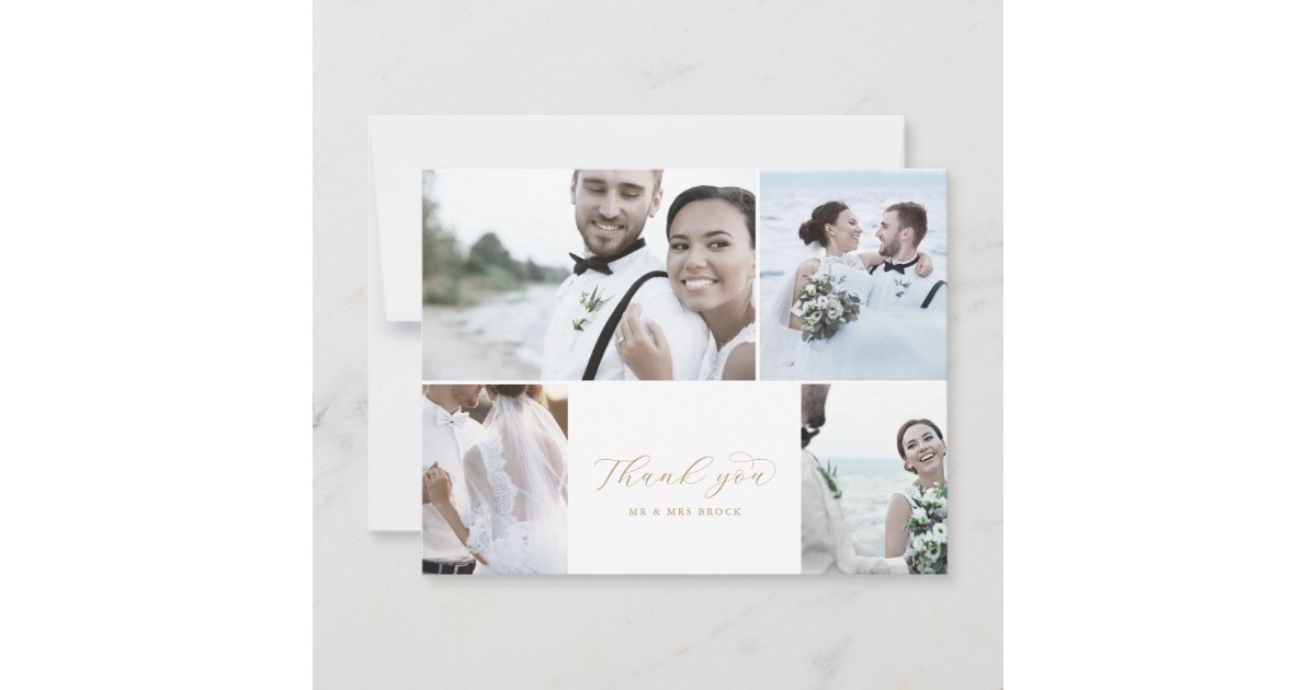 Elegant Gold Script 4 Photo Collage Wedding Thank You Card | Zazzle