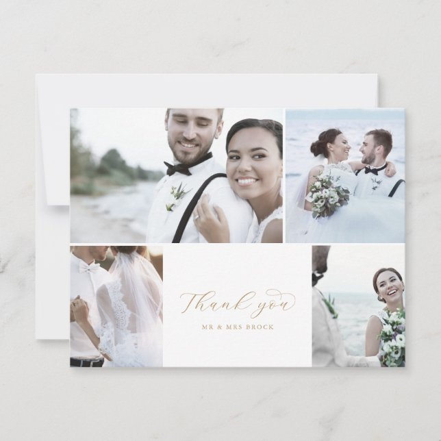 Elegant Gold Script 4 Photo Collage Wedding Thank You Card (Front)