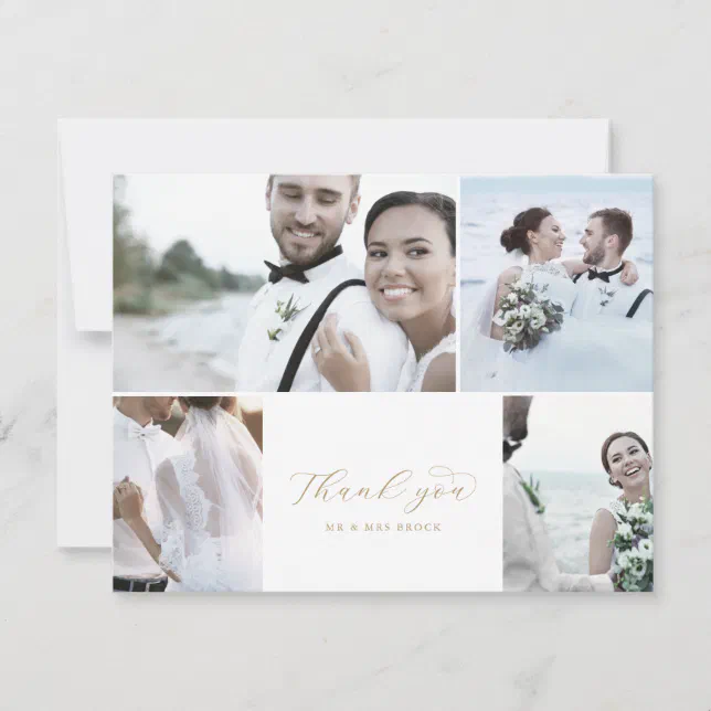 Elegant Gold Script 4 Photo Collage Wedding Thank You Card | Zazzle