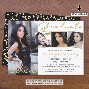 Elegant Gold Script 4 Photo Graduate Black White Invitation