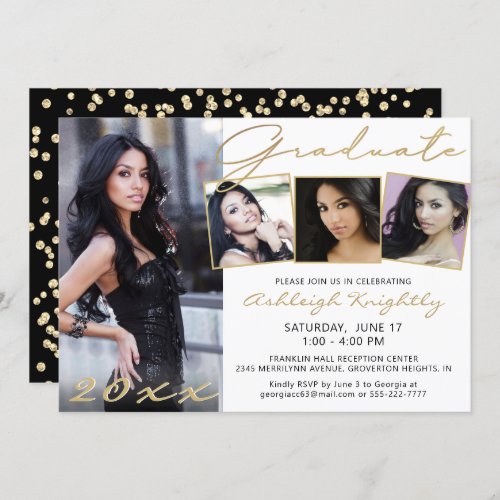 Elegant Gold Script 4 Photo Graduate Black White Invitation - Modern black and white graduation party invitation featuring 4 photos and elegant gold handwritten script typography. ASSISTANCE:  For help with design modification/personalization, transferring the design to another product, or you'd like coordinating items, contact the designer BEFORE ORDERING via Zazzle Chat or makeitaboutyoustore@gmail.com.