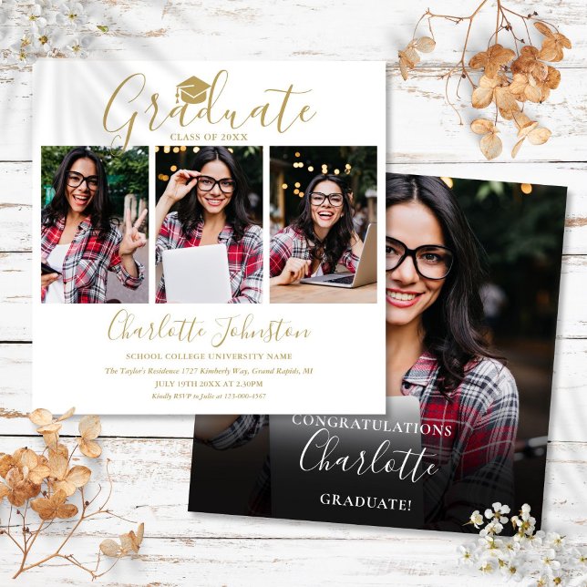 Elegant Gold Script 4 Photo Graduation Party Invitation (Elegant Gold Script 4 Photo Graduation Party Invitation)