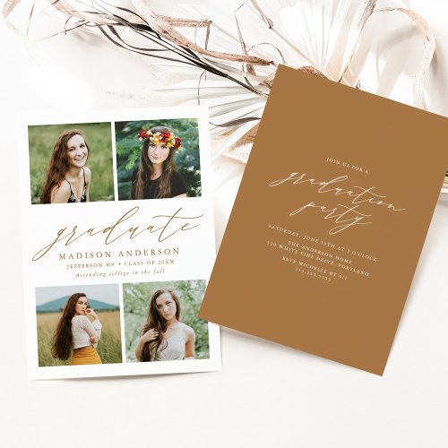 Elegant Gold Script 4 Photo Graduation Party Invitation