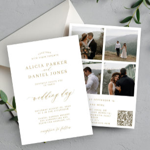 Elegant gold script 4 photos QR code RSVP wedding Invitation