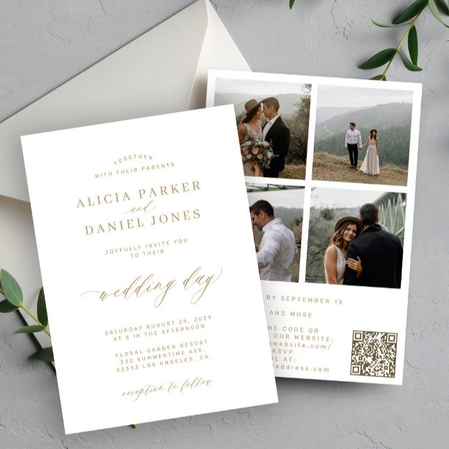 Elegant gold script 4 photos QR code RSVP wedding Invitation (Creator Uploaded)