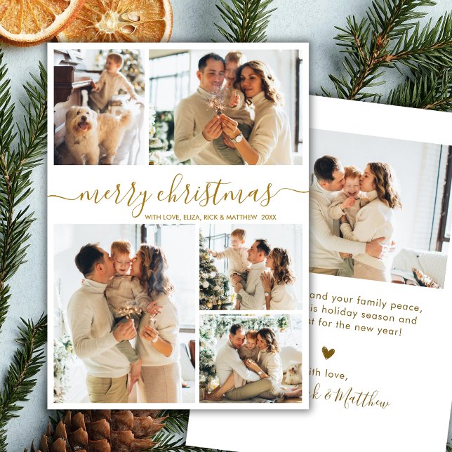 Elegant Gold Script 5 Photo Collage Christmas Holiday Card (Creator Uploaded)