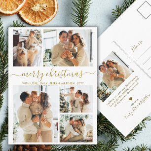 Elegant Gold Script 6 Photo Collage Christmas Postcard