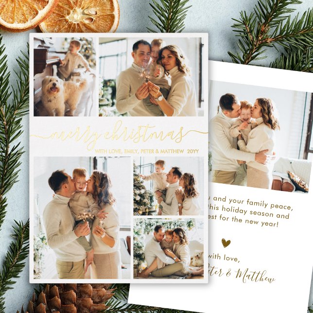Elegant Gold Script 6 Photo Collage Christmas Real Foil Holiday Card (Creator Uploaded)