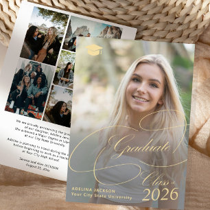 Elegant gold script 6 photo collage graduation announcement