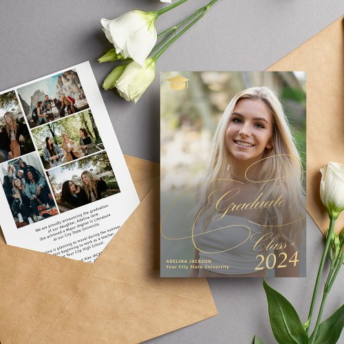 Elegant gold script 6 photo collage graduation announcement