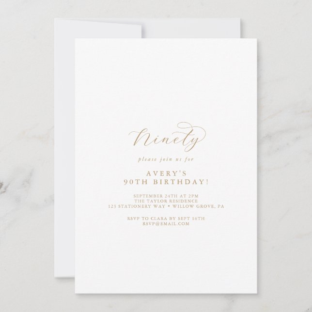 Elegant Gold Script 90th Birthday Party Invitation (Front)