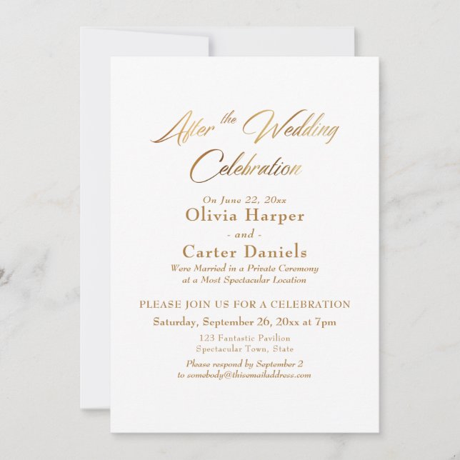 Elegant Gold Script After the Wedding Celebration Invitation (Front)
